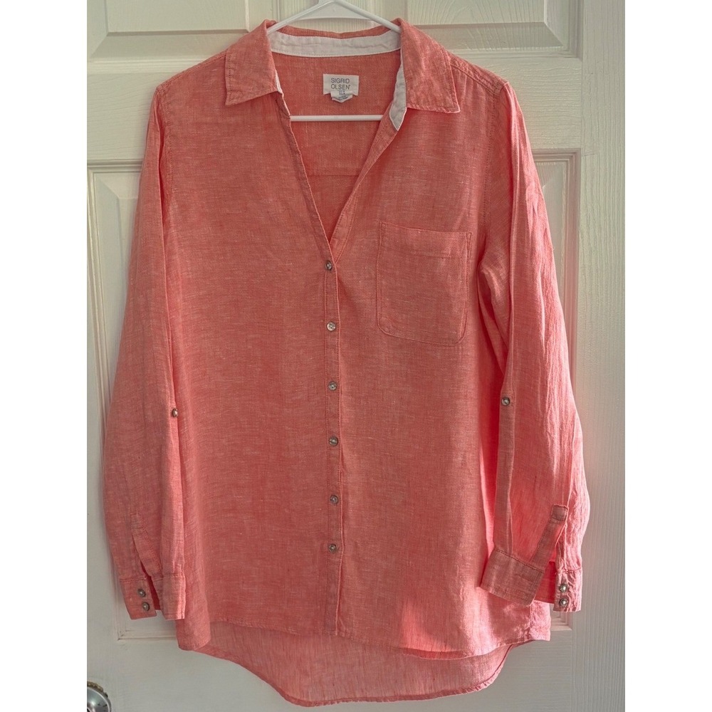 Sigrid Olsen 100% Linen Button Down Shirt Sz M Coral Pink Roll‎ Tab Sleeve Top